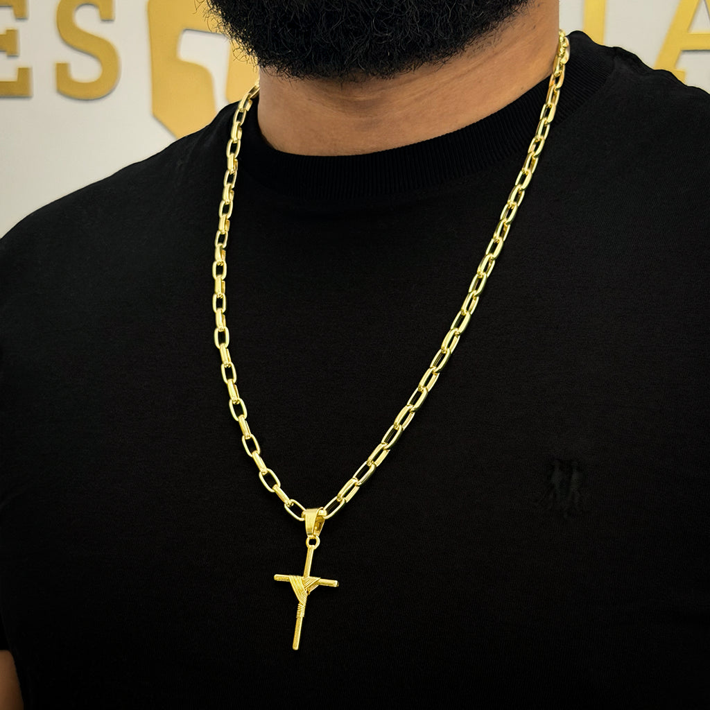 Corrente Meia Cana 6mm e Pingente Cruz Amarrada Banhado a Ouro 18K