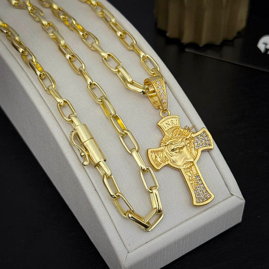 Corrente Meia Cana 6mm e Pingente Cruz Crevejada com Rosto Banhado a Ouro 18K