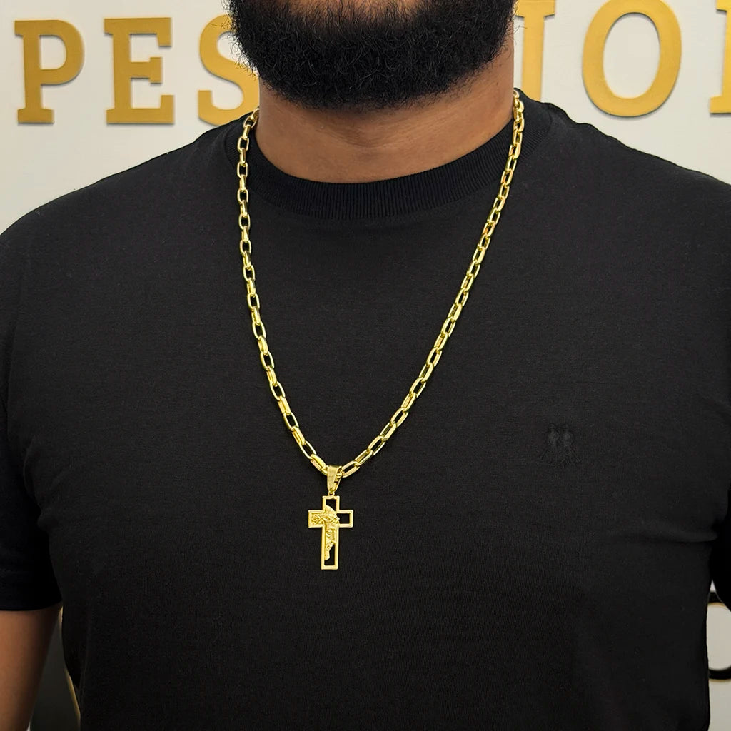 Corrente Meia Cana 6mm e Pingente Cruz Face Banhado a Ouro 18K