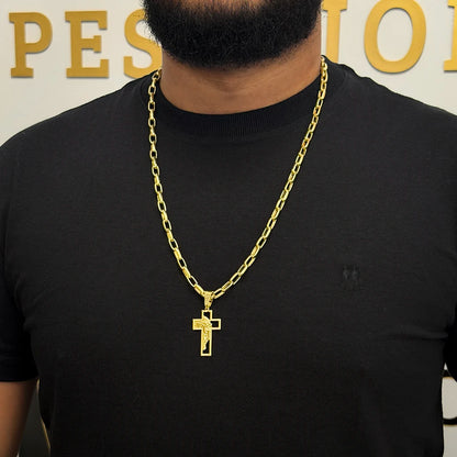 Corrente Meia Cana 6mm e Pingente Cruz Face Banhado a Ouro 18K