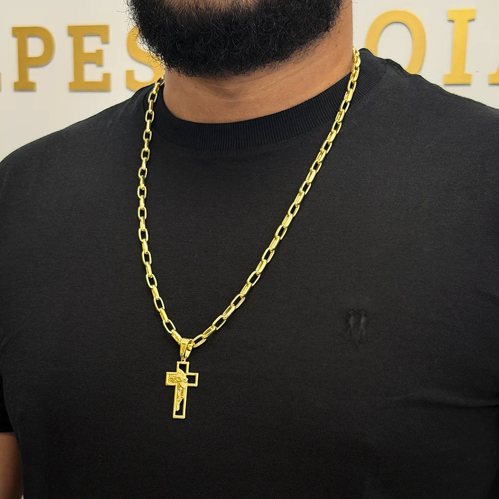 Corrente Meia Cana 6mm e Pingente Cruz Face Banhado a Ouro 18K
