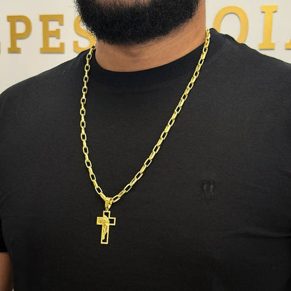 Corrente Meia Cana 6mm e Pingente Cruz Face Banhado a Ouro 18K