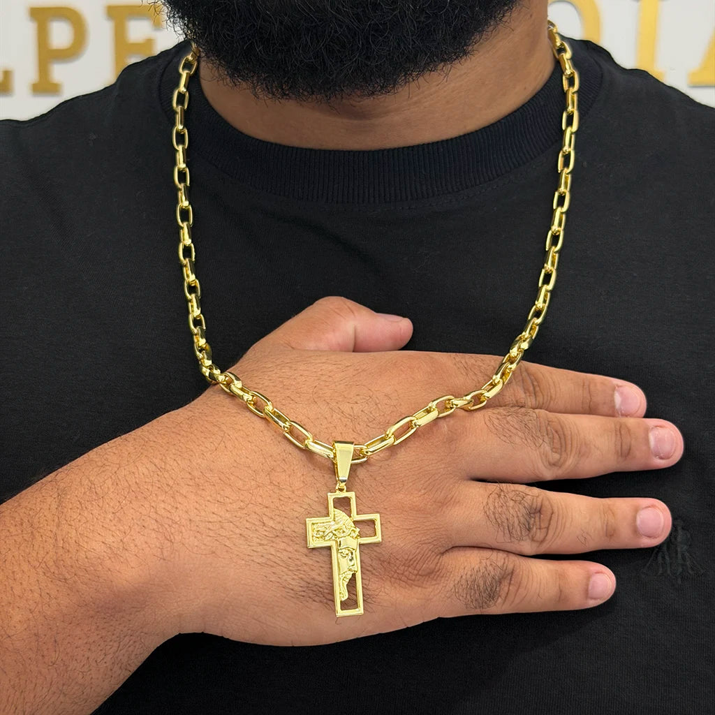 Corrente Meia Cana 6mm e Pingente Cruz Face Banhado a Ouro 18K