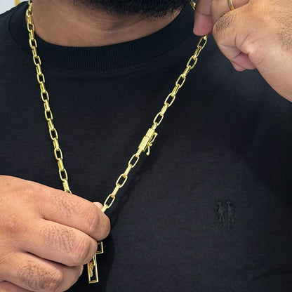 Corrente Meia Cana 6mm e Pingente Cruz Face Banhado a Ouro 18K