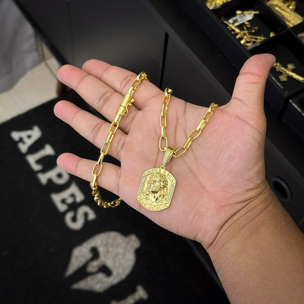 Corrente Meia Cana 6mm e Pingente Deus é Bom Banhado a Ouro 18K