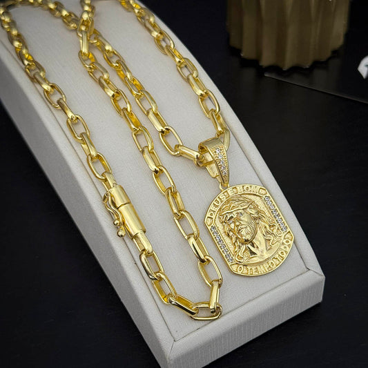 Corrente Meia Cana 6mm e Pingente Deus é Bom Banhado a Ouro 18K
