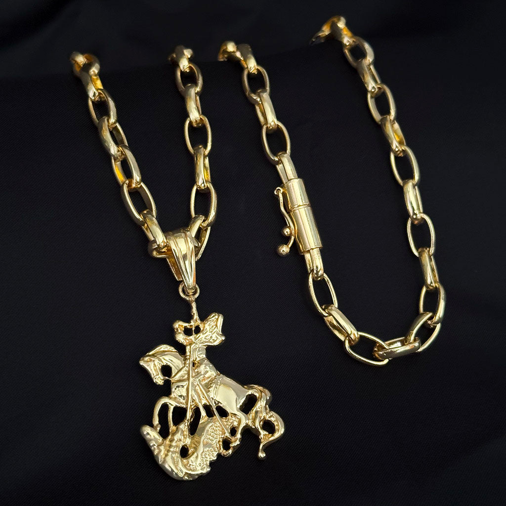 Corrente Meia Cana 6mm e Pingente São Jorge Banhada a Ouro 18K