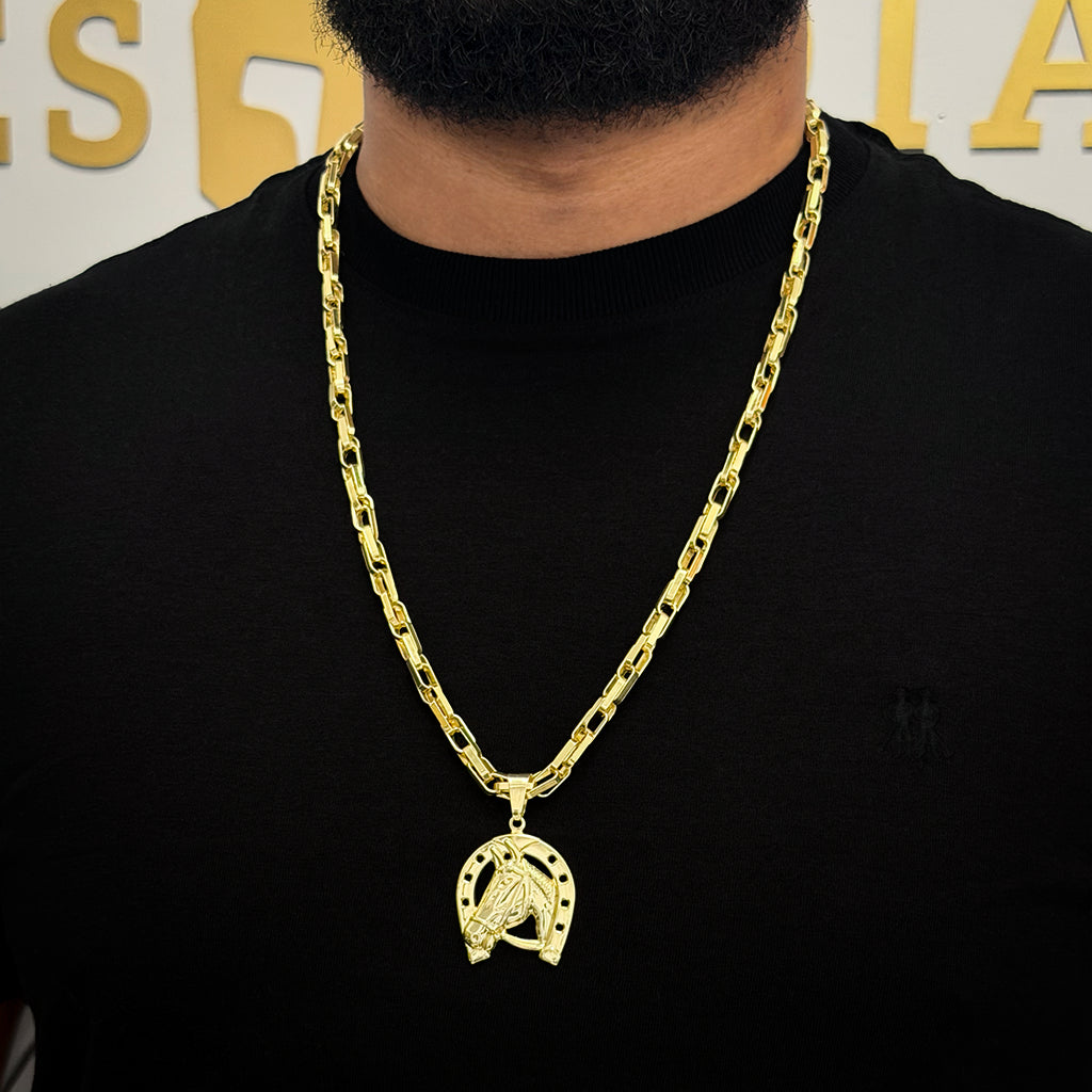 Corrente Meia Cana Dupla 6mm e Pingente Cavalo Ferradura Banhado a Ouro 18K
