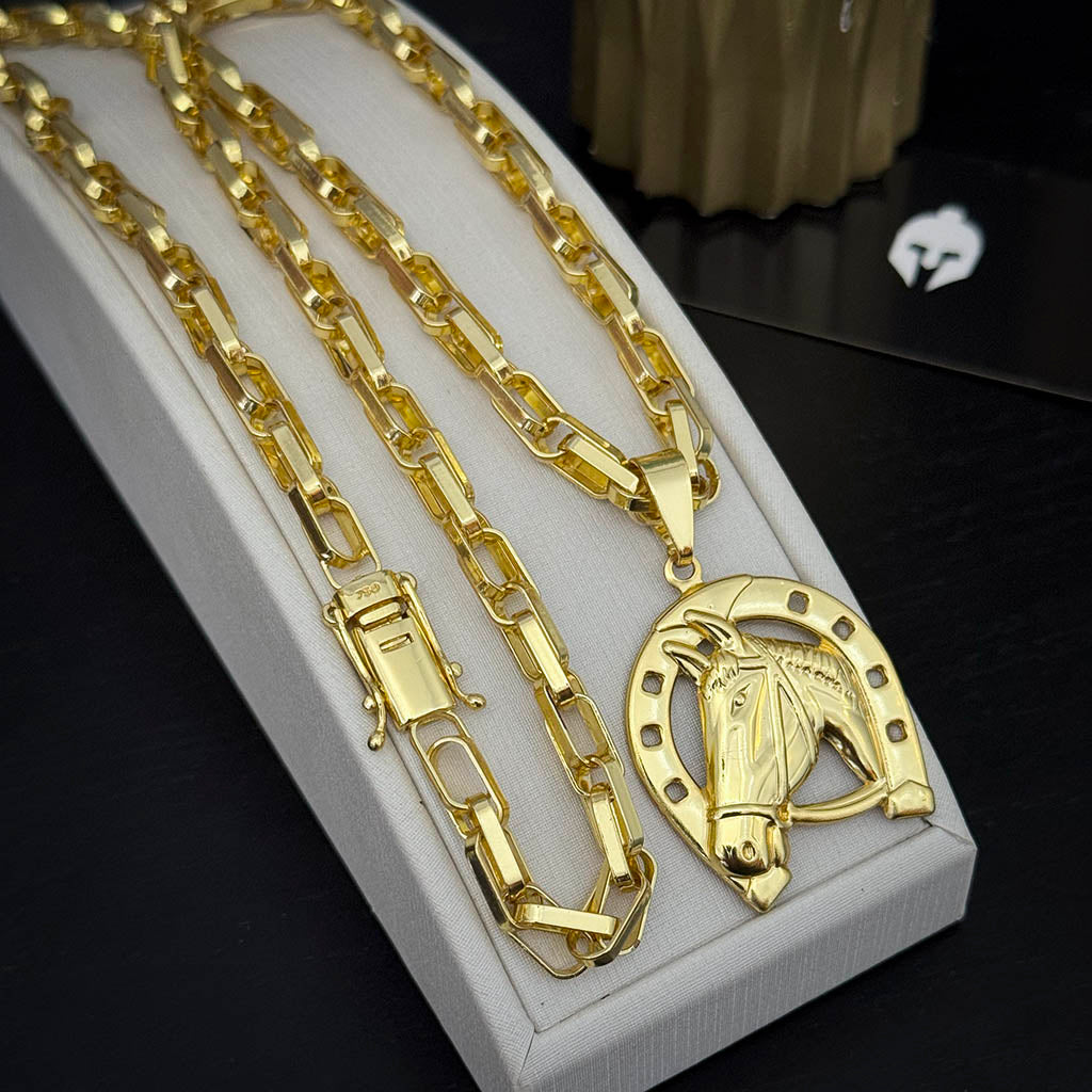 Corrente Meia Cana Dupla 6mm e Pingente Cavalo Ferradura Banhado a Ouro 18K