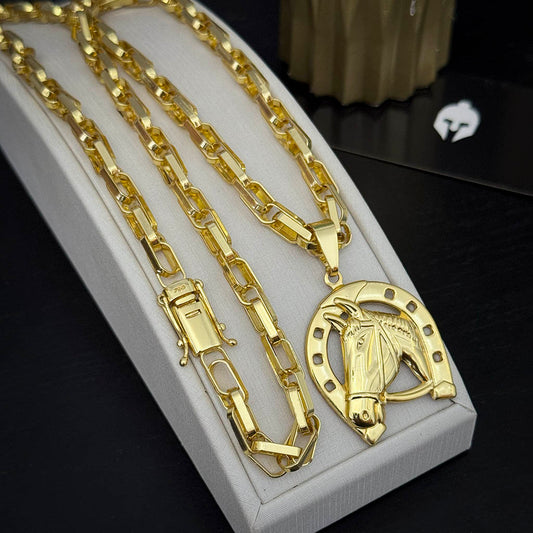 Corrente Meia Cana Dupla 6mm e Pingente Cavalo Ferradura Banhado a Ouro 18K