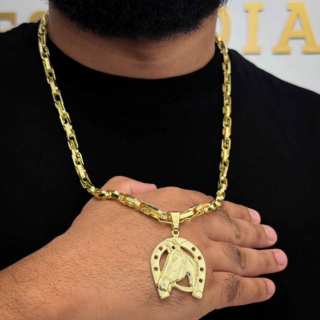Corrente Meia Cana Dupla 6mm e Pingente Cavalo Ferradura Banhado a Ouro 18K