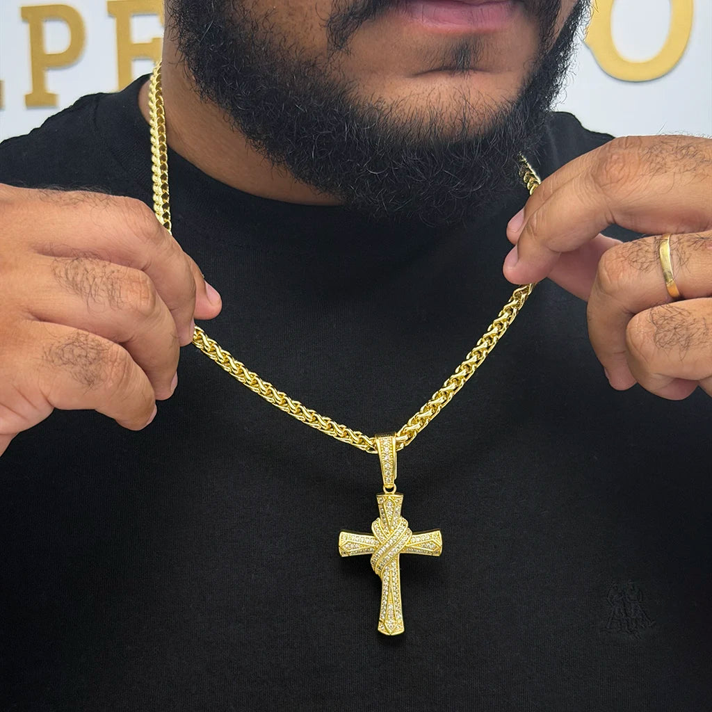 Corrente Peruana 7mm e Pingente Cruz Torcida Banhado a Ouro 18K