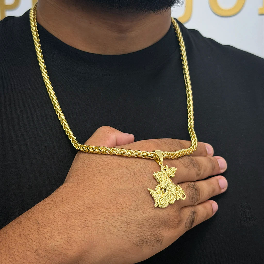 Corrente Peruana 7mm e Pingente São Jorge 3D Banhado a Ouro 18K
