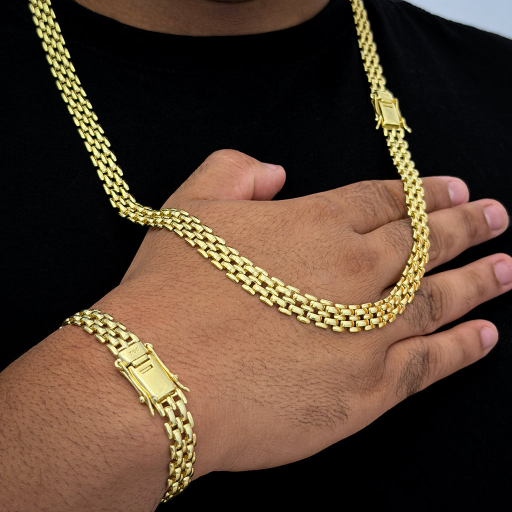 Corrente + Pulseira Americana 10mm Banhado a Ouro 18K