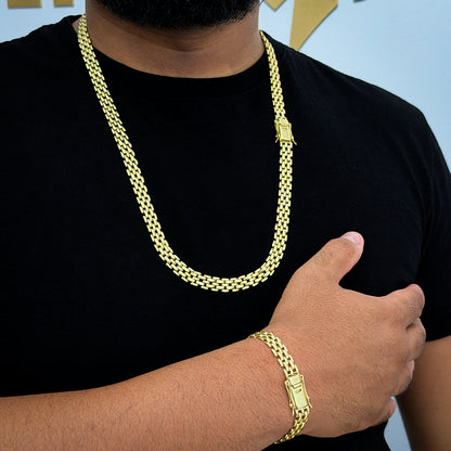 Corrente + Pulseira Americana 10mm Banhado a Ouro 18K