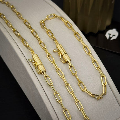 Corrente + Pulseira Cadeado Alongado 4mm Banhado a Ouro 18K
