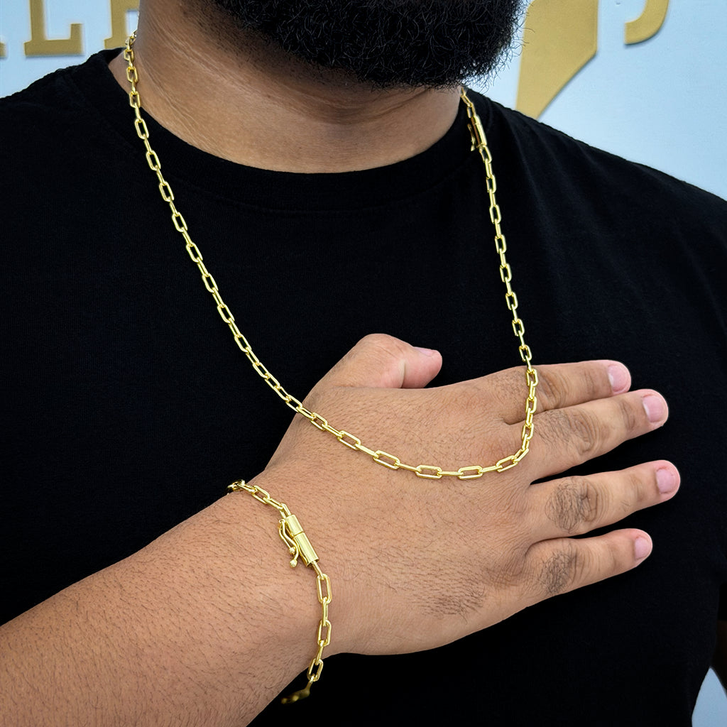 Corrente + Pulseira Cadeado Alongado 4mm Banhado a Ouro 18K