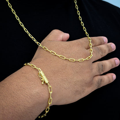 Corrente + Pulseira Cadeado Alongado 4mm Banhado a Ouro 18K