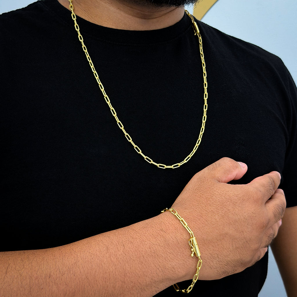 Corrente + Pulseira Cadeado Alongado 4mm Banhado a Ouro 18K