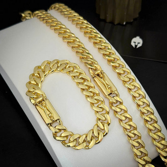 Corrente + Pulseira Meia Cana Dupla 6mm Banhado a Ouro 18K