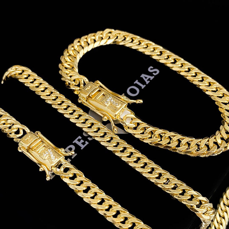 Corrente + Pulseira Grumet 8mm Fecho 7 Banhado a Ouro 18K