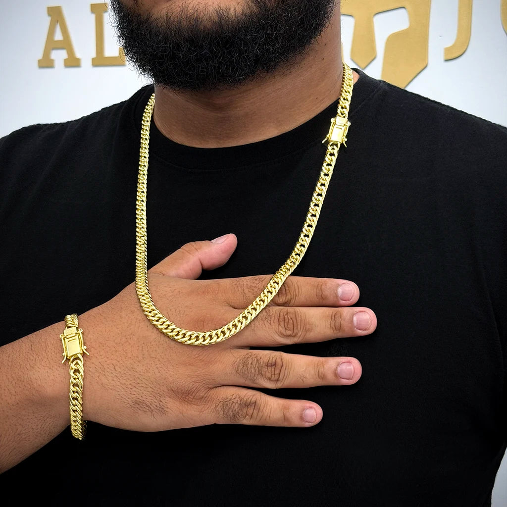 Corrente + Pulseira Grumet Duplo 10mm Banhado a Ouro 18K