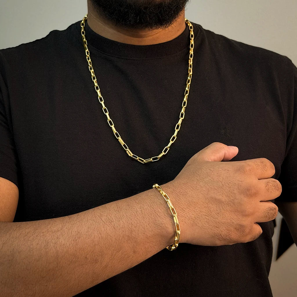 Corrente + Pulseira Meia Cana 6mm Banhado a Ouro 18K