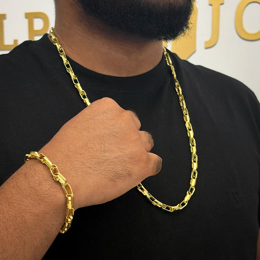 Corrente + Pulseira Meia Cana Dupla 6mm Banhado a Ouro 18K