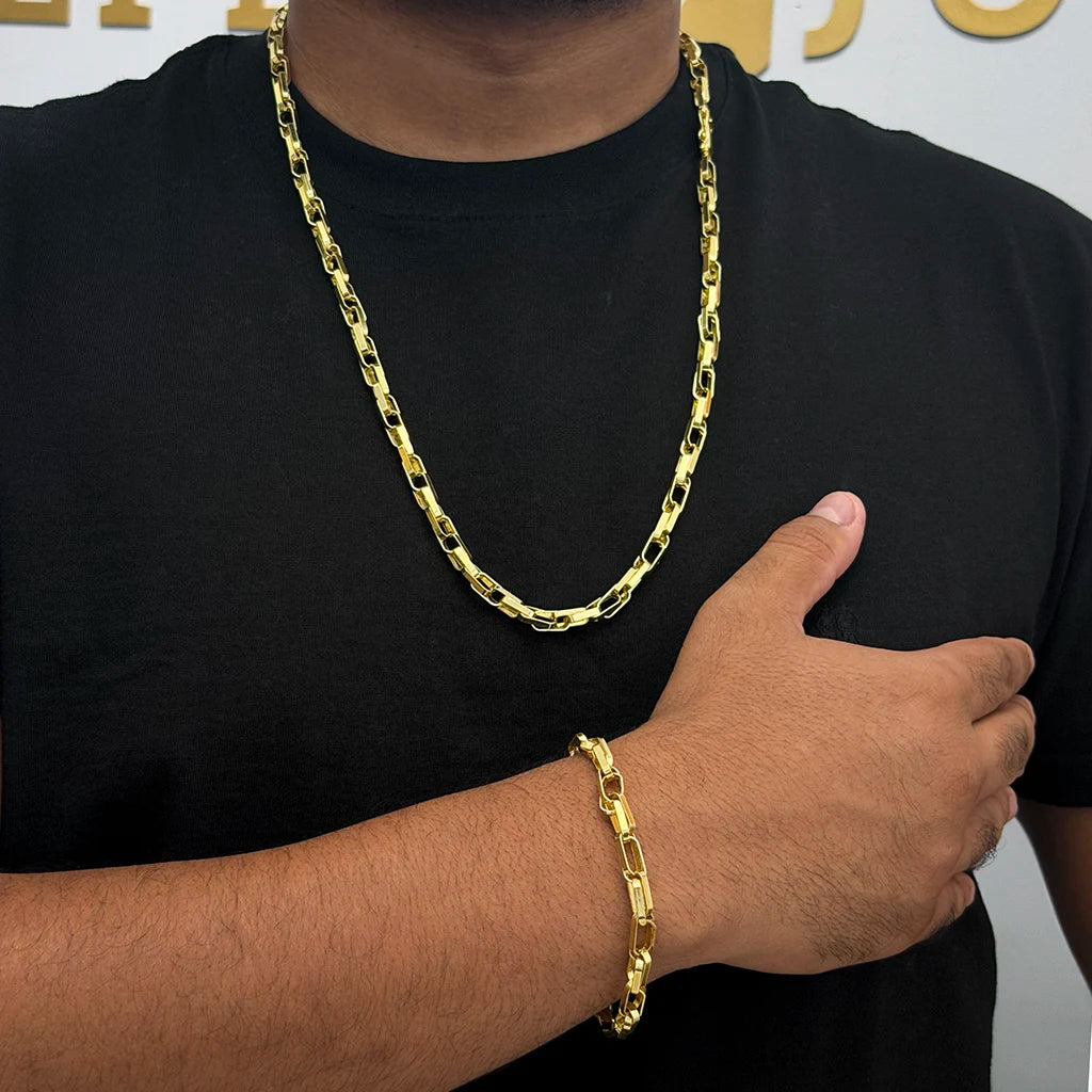 Corrente + Pulseira Meia Cana Dupla 6mm Banhado a Ouro 18K
