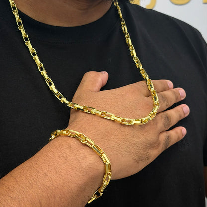 Corrente + Pulseira Meia Cana Dupla 6mm Banhado a Ouro 18K
