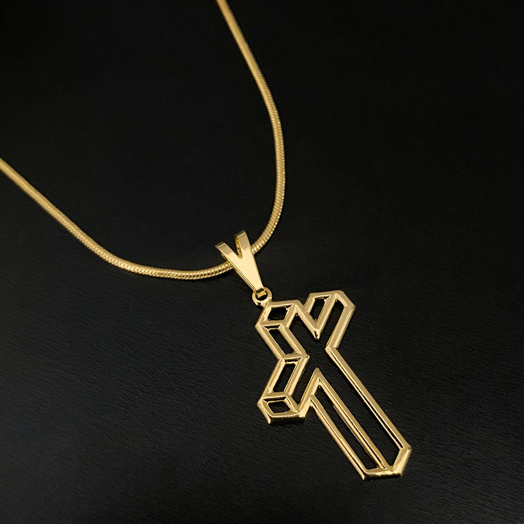 Corrente Rabo de Rato 1mm e Pingente Cruz Vazada Banhada a Ouro 18K