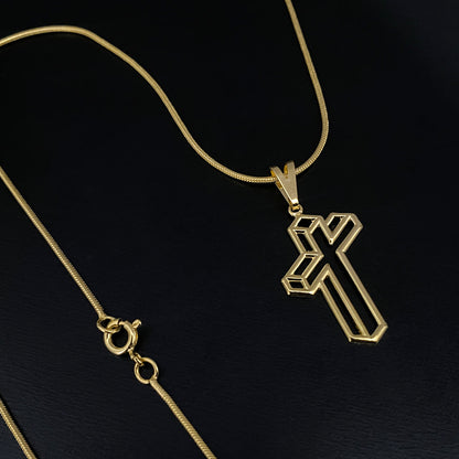 Corrente Rabo de Rato 1mm e Pingente Cruz Vazada Banhada a Ouro 18K