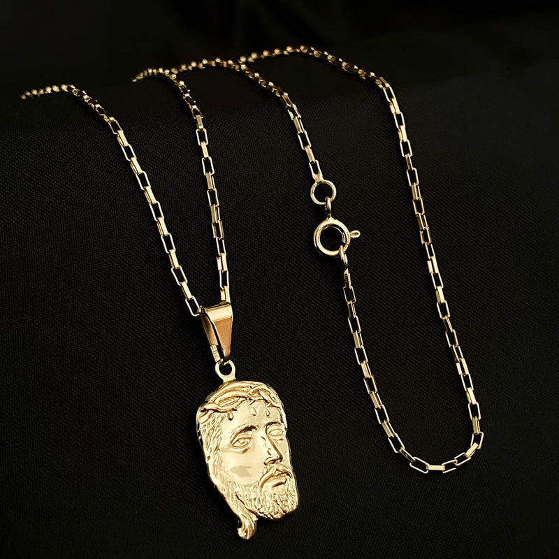 Corrente Tijolinho 1mm e Pingente Face de Cristo Banhado a Ouro 18K