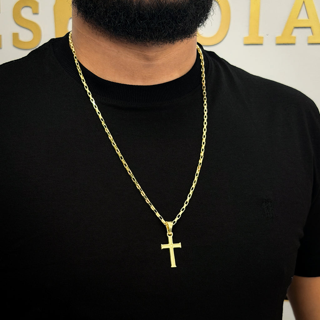 Corrente Tijolinho 4mm e Pingente Cruz Banhada a Ouro 18K