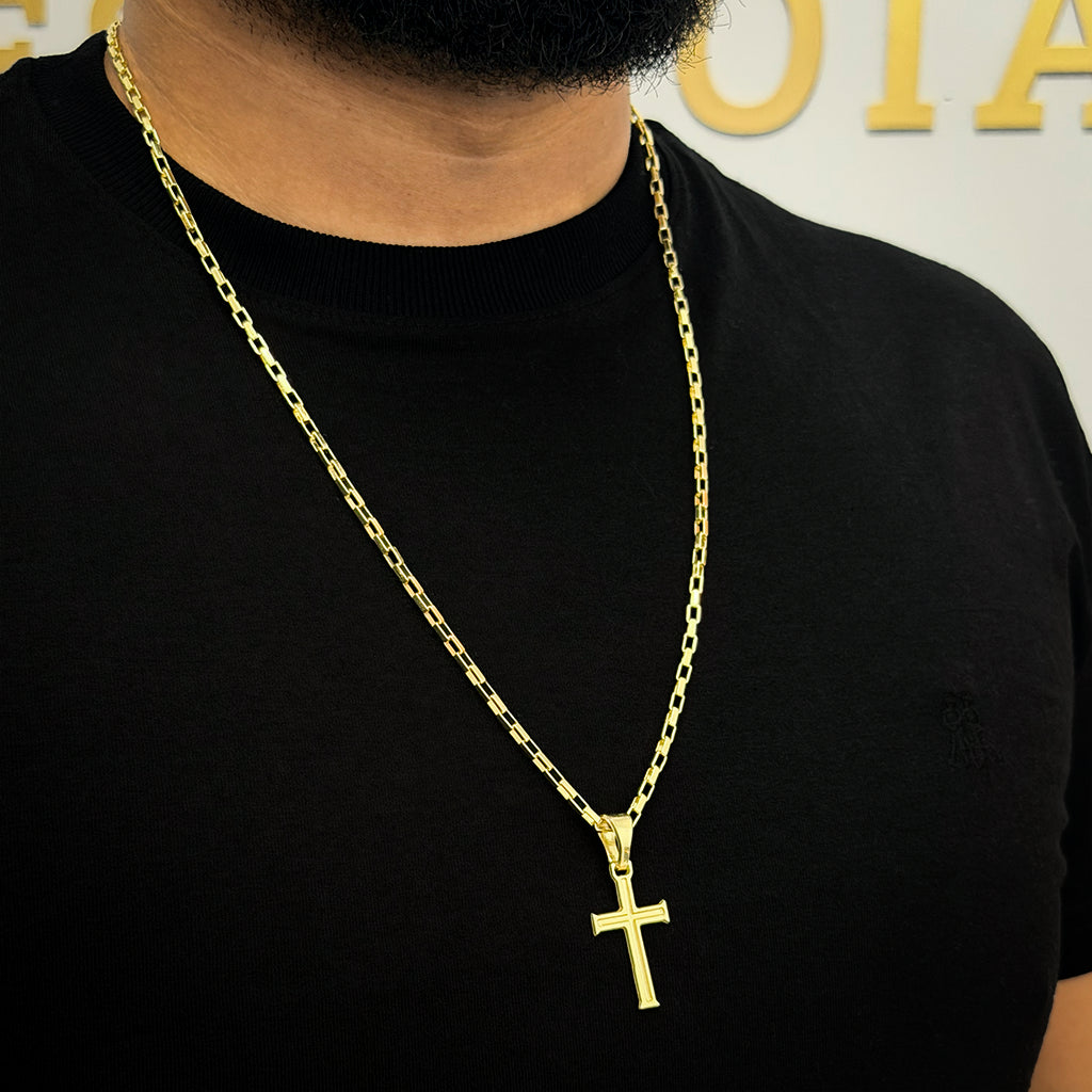 Corrente Tijolinho 4mm e Pingente Cruz Banhada a Ouro 18K