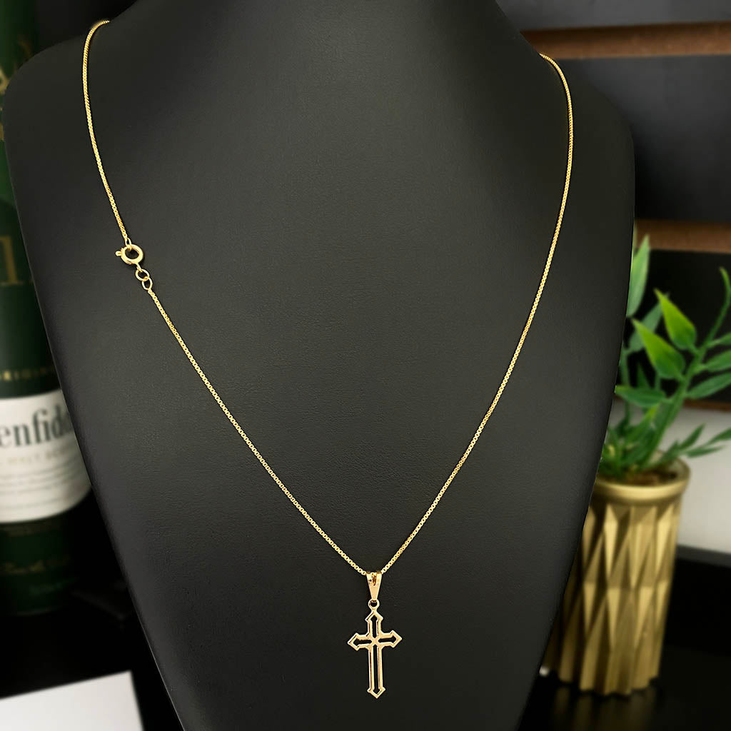 Corrente Veneziana 1mm e Pingente Cruz Vazada Banhado a Ouro 18K