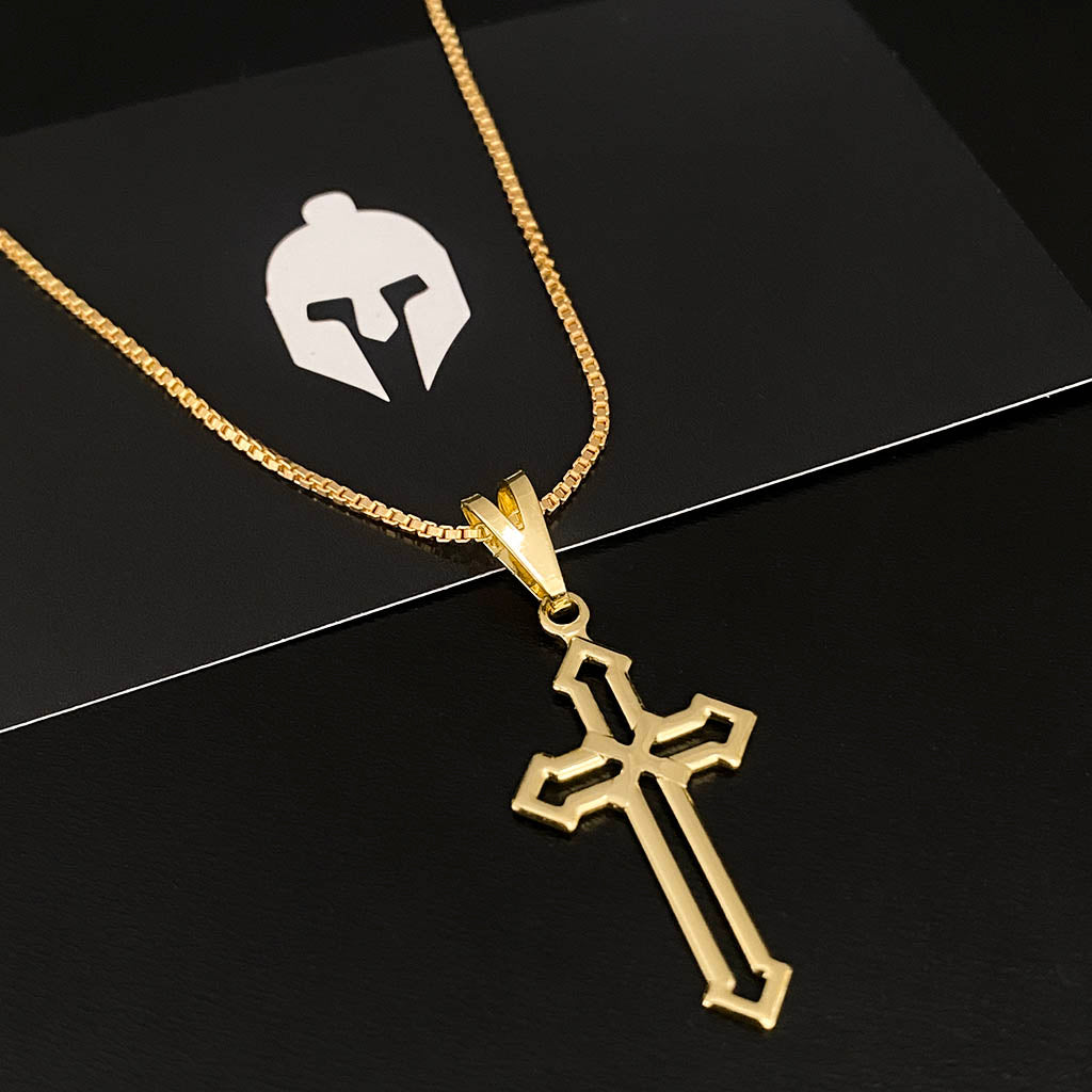 Corrente Veneziana 1mm e Pingente Cruz Vazada Banhado a Ouro 18K