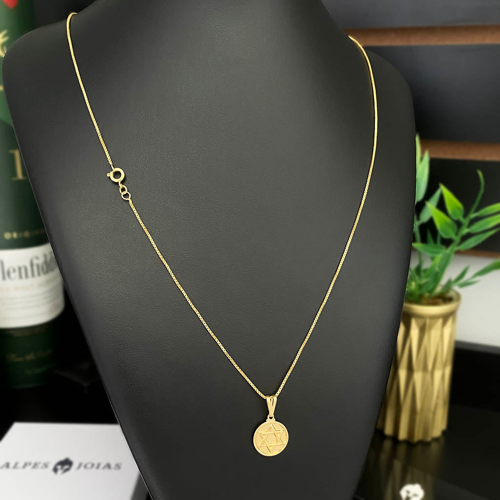 Corrente Veneziana 1mm e Pingente Estrela de Davi Redondo Maciço Banhado a Ouro 18K