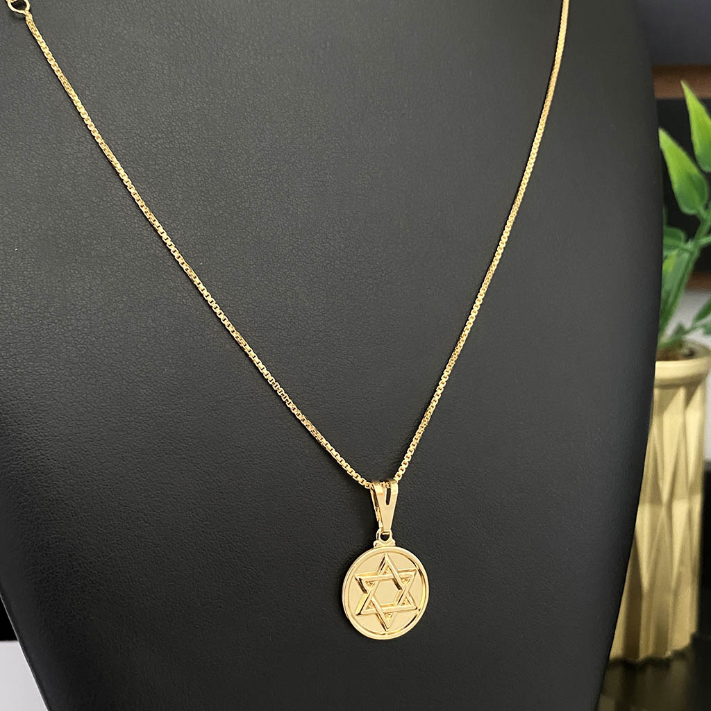 Corrente Veneziana 1mm e Pingente Estrela de Davi Redondo Maciço Banhado a Ouro 18K