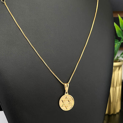 Corrente Veneziana 1mm e Pingente Estrela de Davi Redondo Maciço Banhado a Ouro 18K