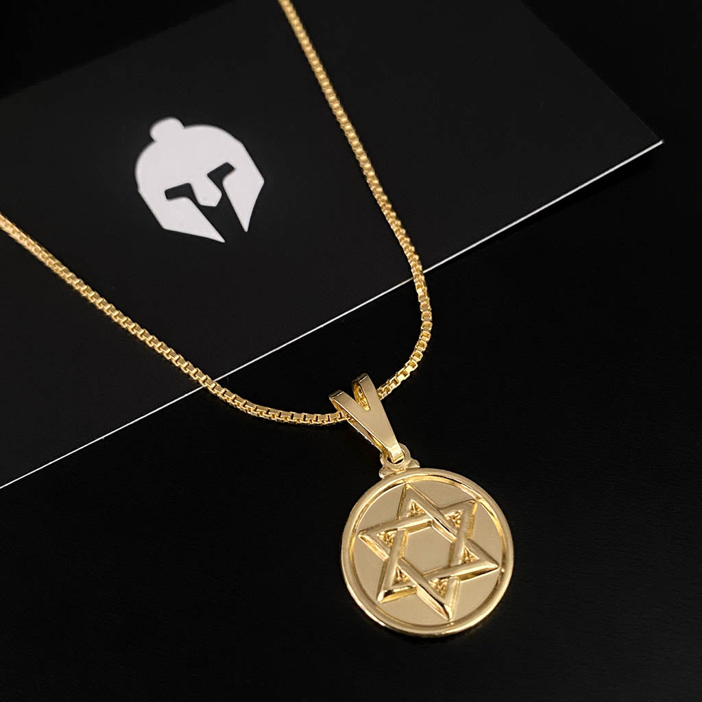 Corrente Veneziana 1mm e Pingente Estrela de Davi Redondo Maciço Banhado a Ouro 18K