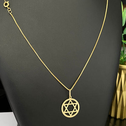 Corrente Veneziana 1mm e Pingente Estrela de Davi Vazado Redondo Banhado a Ouro 18K