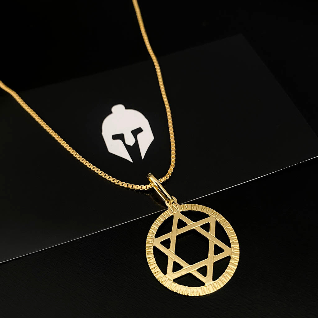 Corrente Veneziana 1mm e Pingente Estrela de Davi Vazado Redondo Banhado a Ouro 18K
