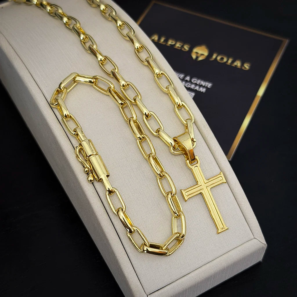 Corrente e Pulseira Meia Cana 6mm e Pingente Cruz Banhado a Ouro 18K