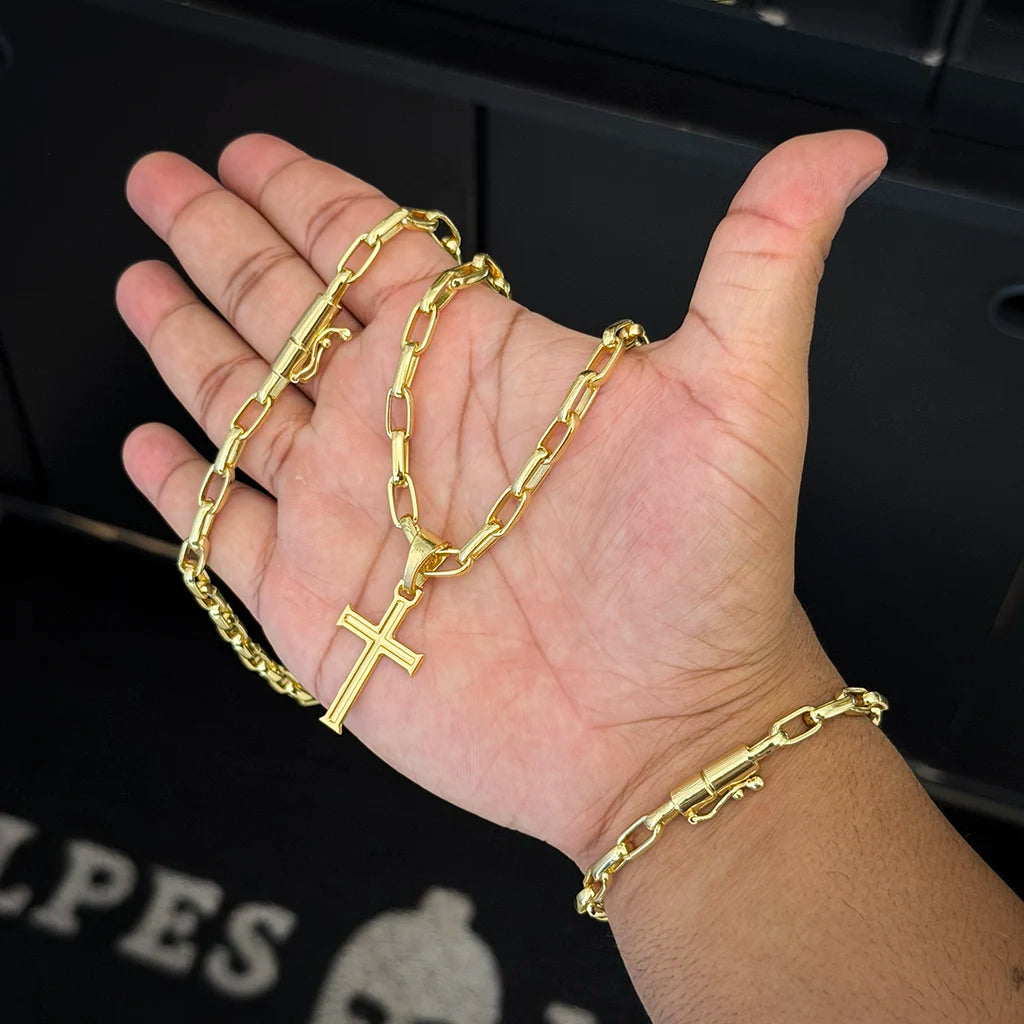 Corrente e Pulseira Meia Cana 6mm e Pingente Cruz Banhado a Ouro 18K