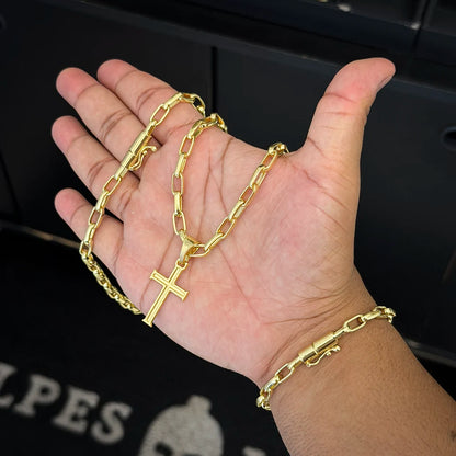 Corrente e Pulseira Meia Cana 6mm e Pingente Cruz Banhado a Ouro 18K