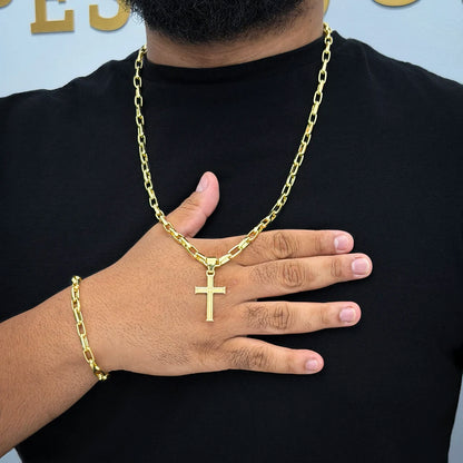 Corrente e Pulseira Meia Cana 6mm e Pingente Cruz Banhado a Ouro 18K