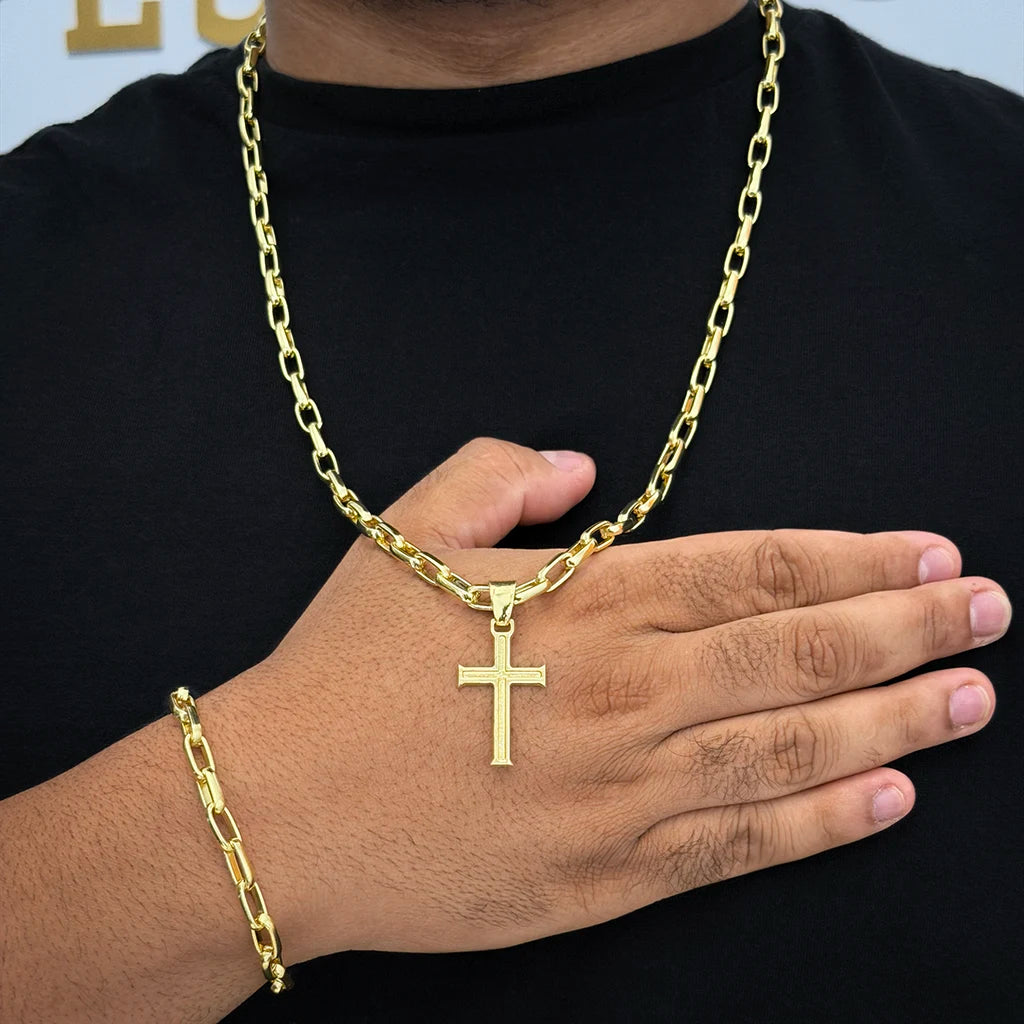 Corrente e Pulseira Meia Cana 6mm e Pingente Cruz Banhado a Ouro 18K