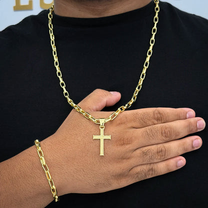 Corrente e Pulseira Meia Cana 6mm e Pingente Cruz Banhado a Ouro 18K