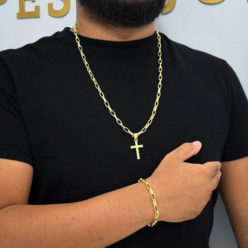 Corrente e Pulseira Meia Cana 6mm e Pingente Cruz Banhado a Ouro 18K